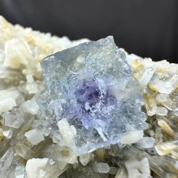 Pale blue fluorite cube on cream dolomite and quartz from Inner Mongolia, China, second angle