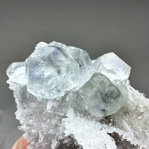 Pale blue-cored fluorite cubes on frosted white quartz from Fujian, China, second angle