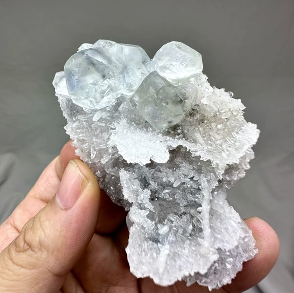 Pale blue-cored fluorite cubes on frosted white quartz from Fujian, China, top view