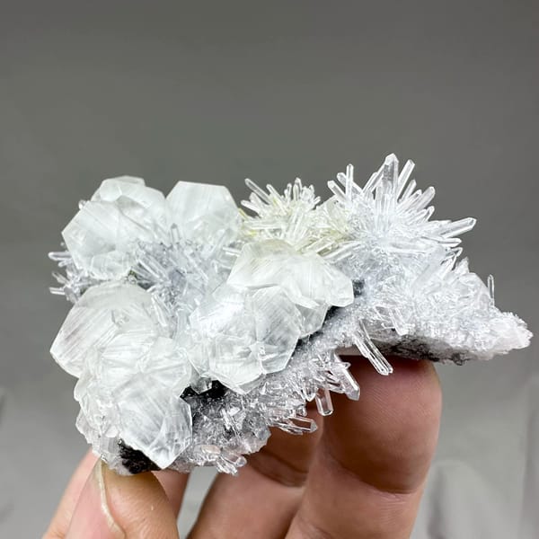 Clear quartz needles with white calcite prisms and pyrite from Fujian, China, reverse side