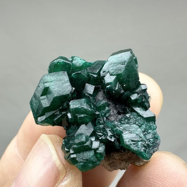 Cluster of gemmy emerald-green dioptase crystals from DR Congo, detail of the matrix contact