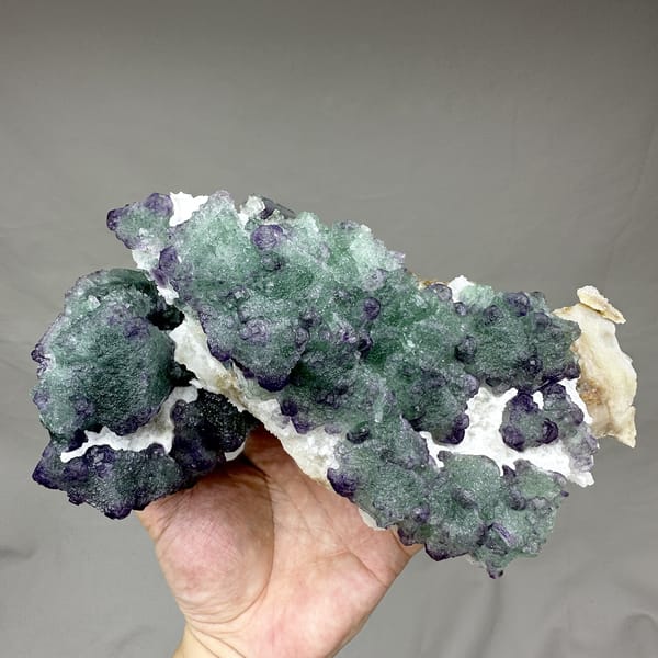 Purple and green stepped octahedral fluorite over white quartz from Zhejiang, China, detail of the matrix contact