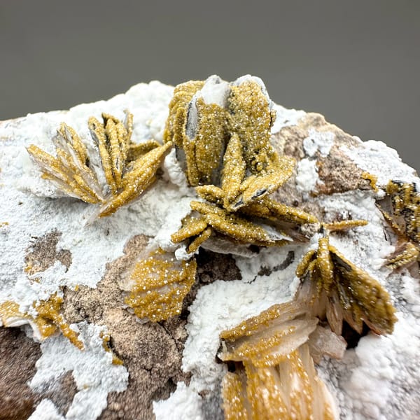 Golden baryte rosettes and white aragonite with mimetite from Morocco, close-up of the crystal faces