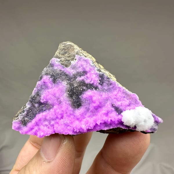 Vivid violet aragonite with white tuft on dark rock from Yunnan, China, top view