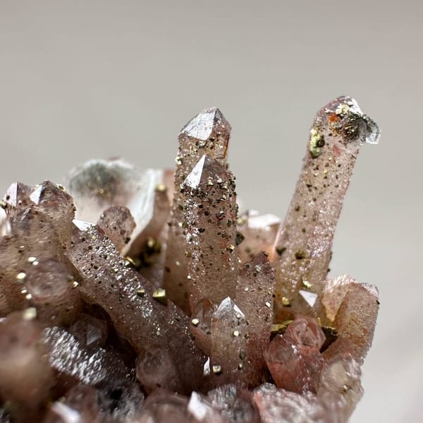 Red-brown hematoid quartz needles with pyrite and calcite from Fujian, China, second angle