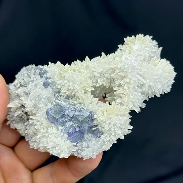 White quartz-needle flowers around blue-green fluorite from Fujian, China, reverse side