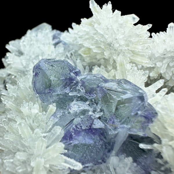 White quartz-needle flowers around blue-green fluorite from Fujian, China, top view