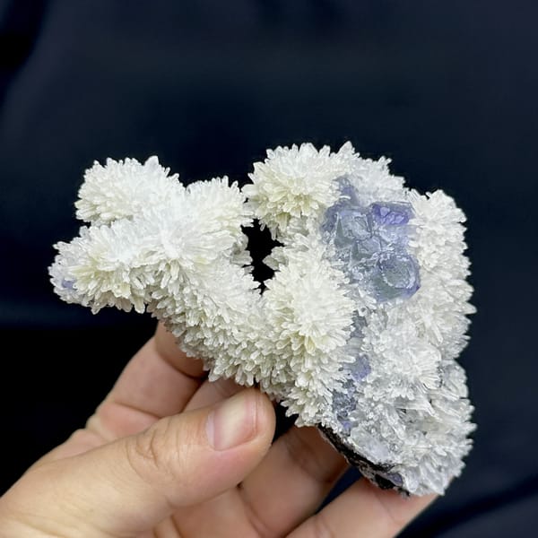 White quartz-needle flowers around blue-green fluorite from Fujian, China, detail of the matrix contact