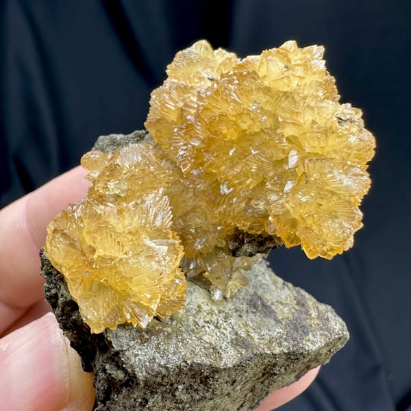 Golden-yellow calcite crystals on dark grey rock from Inner Mongolia, China, reverse side