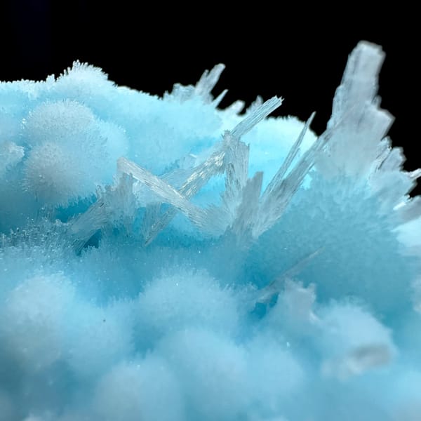 Dome of sky-blue acicular aragonite balls from Yunnan, China, second angle