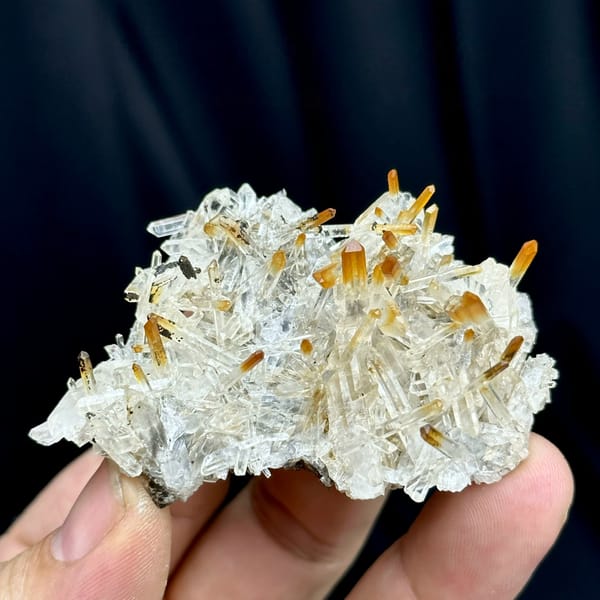 Clear quartz needles with mango-orange tips from Jinkouhe, Sichuan, China, held in hand