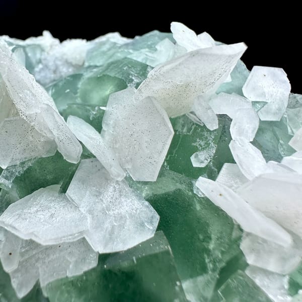 White calcite blades over mint-green fluorite from Fujian, China, reverse side