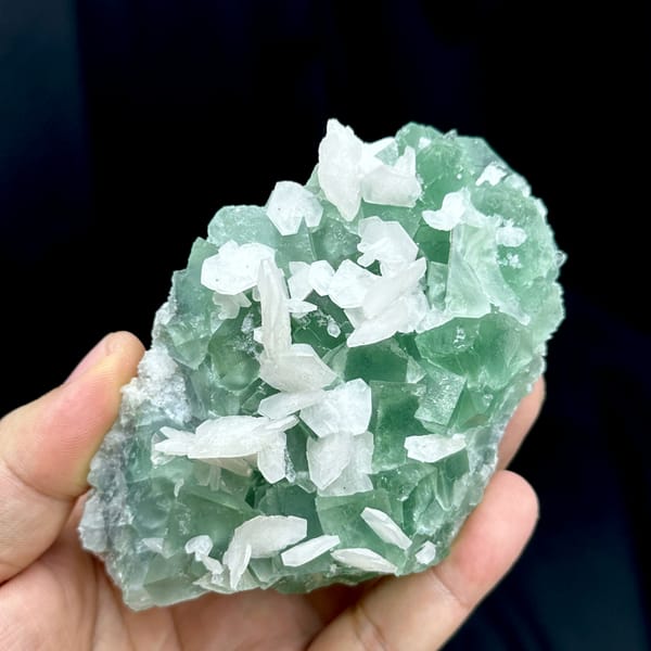 White calcite blades over mint-green fluorite from Fujian, China, top view