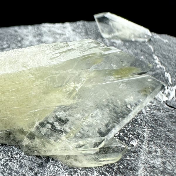 Large transparent double-terminated baryte blade on grey rock from Guangxi, China, second angle