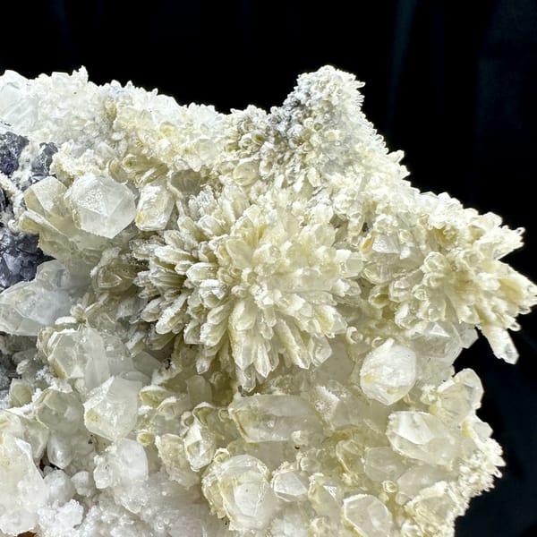 Violet fluorite cubes beside chrysanthemum quartz spray on white druse from Fujian, China, reverse side