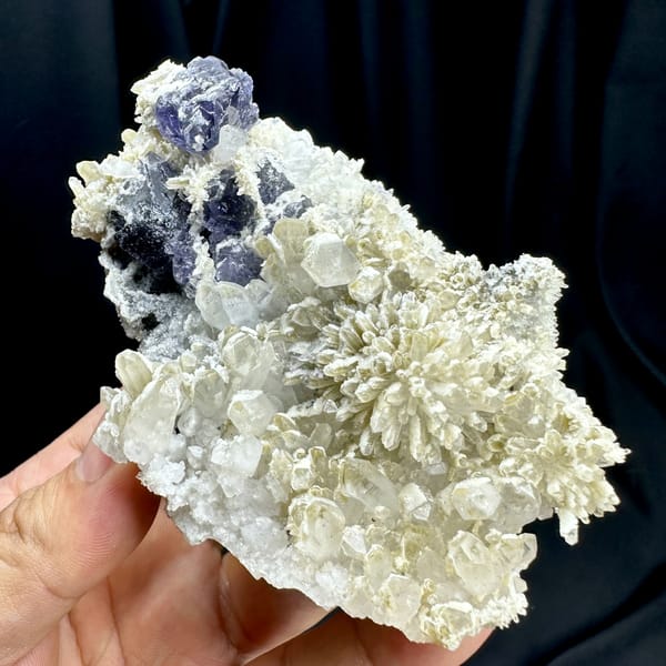 Violet fluorite cubes beside chrysanthemum quartz spray on white druse from Fujian, China, top view