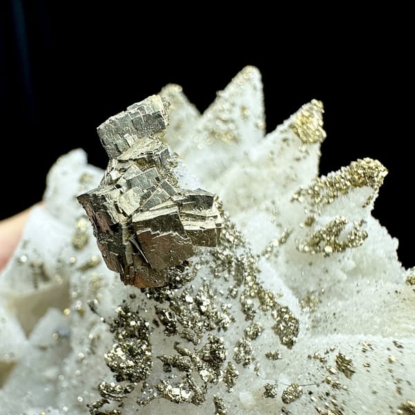 Pale quartz pseudomorphs after calcite with pyrite from Fujian, China, second angle