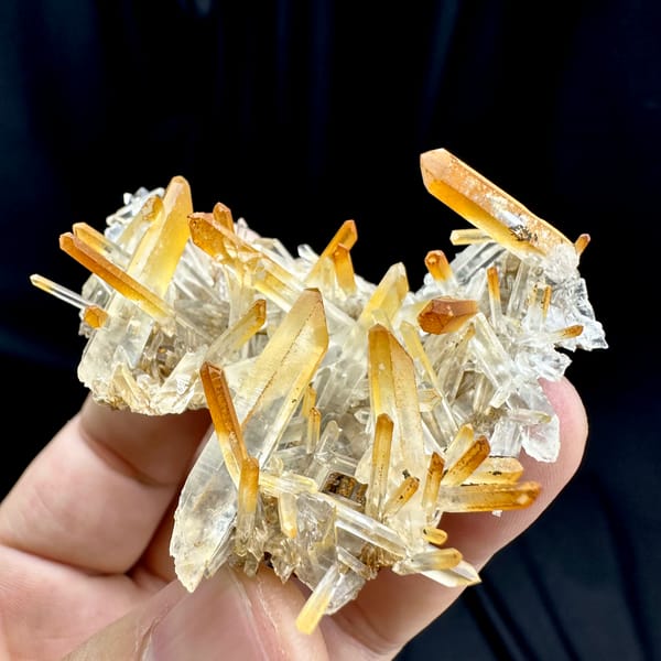 Clear quartz needles with mango-orange tips from Jinkouhe, Sichuan, China, close-up of the crystal faces