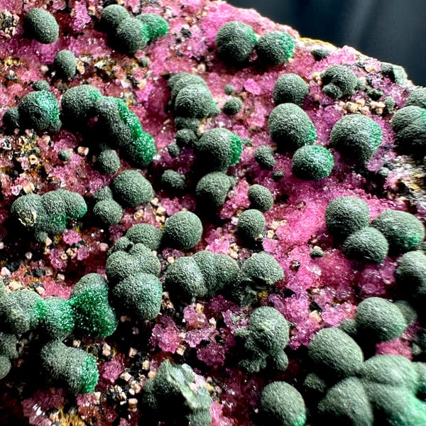 Green malachite balls over hot-pink cobaltoan calcite from DR Congo, top view