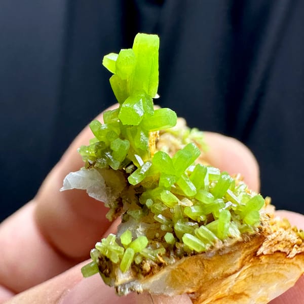 Bright lime-green pyromorphite tufts on tan matrix from Guangxi, China, close-up of the crystal faces
