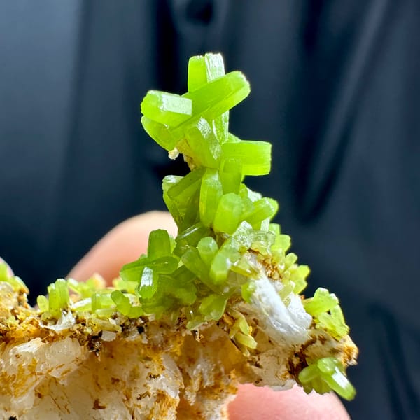 Bright lime-green pyromorphite tufts on tan matrix from Guangxi, China, reverse side