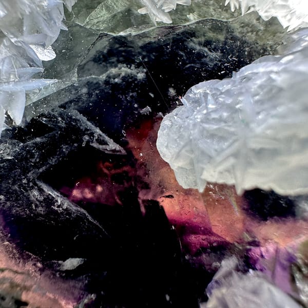 Dark phantom fluorite cube in white calcite with pyrrhotite from Inner Mongolia, China, reverse side