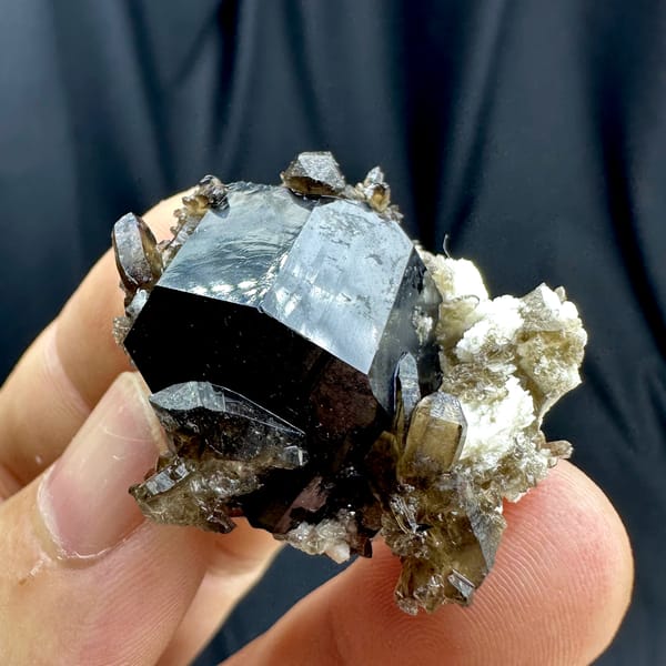 Jet-black tourmaline crystal with smoky quartz and feldspar from Namibia, second angle