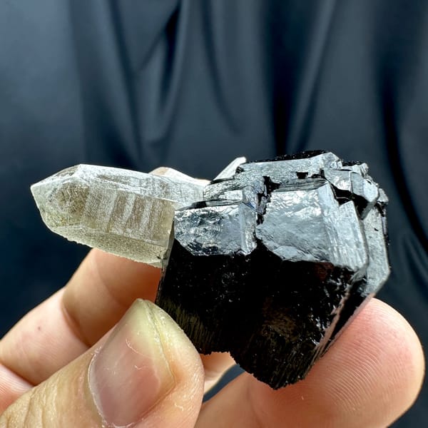 Clear smoky quartz point on black tourmaline base from Namibia, top view