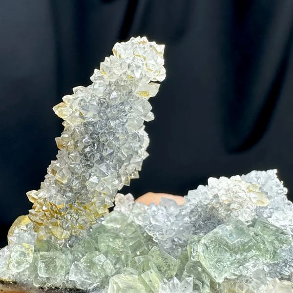 Pale green fluorite plate with quartz-druse stalk from Fujian, China, second angle