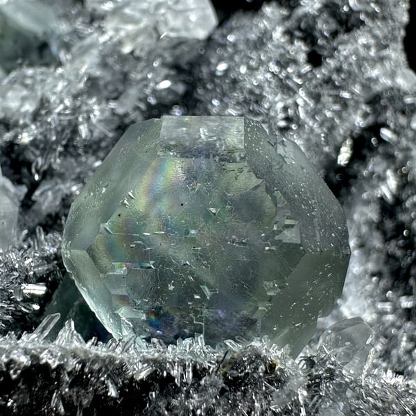 Blue-windowed green fluorite cubes on dark quartz druse from Fujian, China, close-up of the crystal faces
