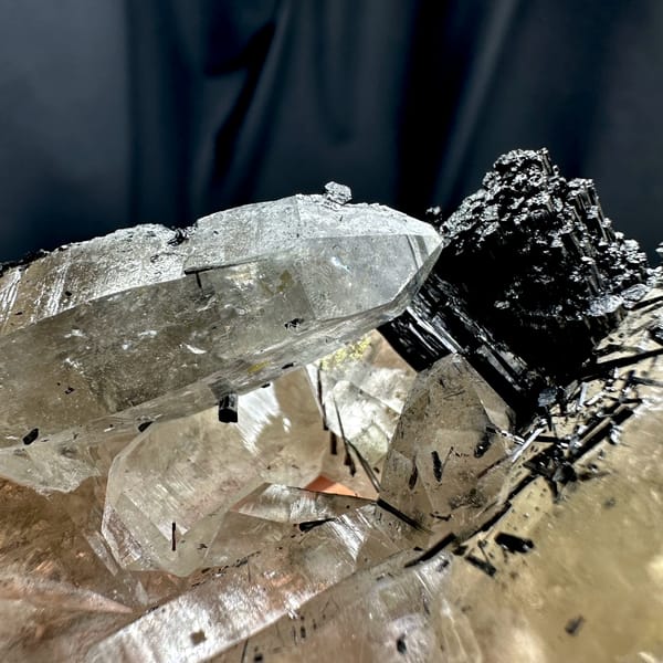 Clear smoky quartz prisms with black tourmaline cluster from Namibia, second angle