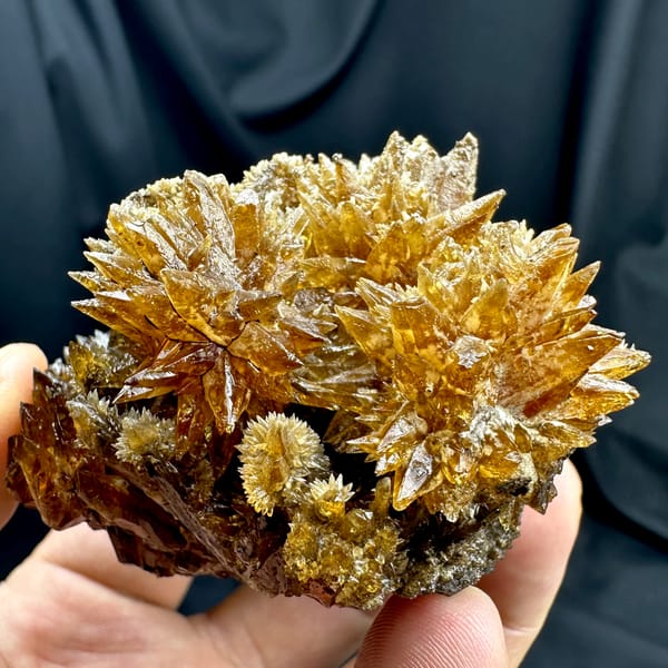 Amber calcite spires with hyalite opal from Guizhou, China, top view