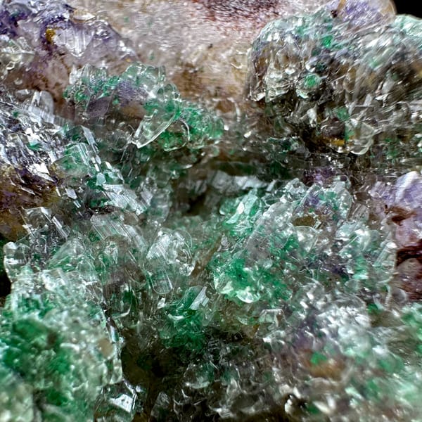 Green malachite over purple-edged fluorite in gypsum from Guizhou, China, reverse side