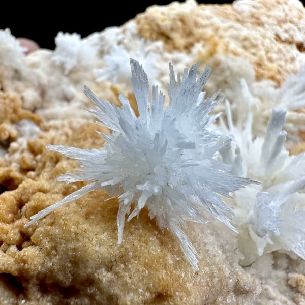 White aragonite flowers on tan sandstone block from Yunnan, China, second angle