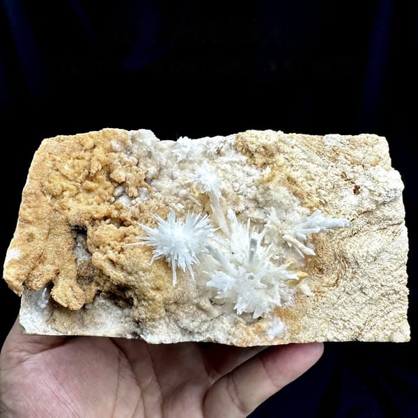 White aragonite flowers on tan sandstone block from Yunnan, China, detail of the matrix contact