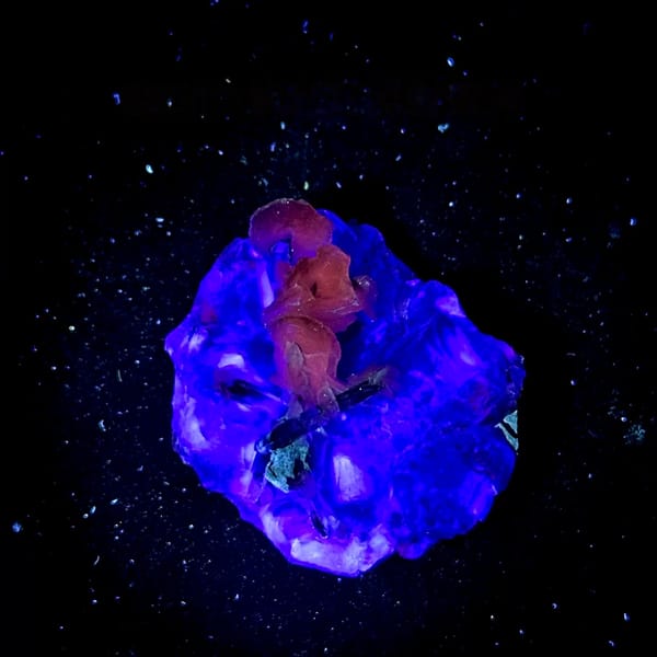 Purple-blue phantom fluorite with white calcite rosettes from Inner Mongolia, China, second angle