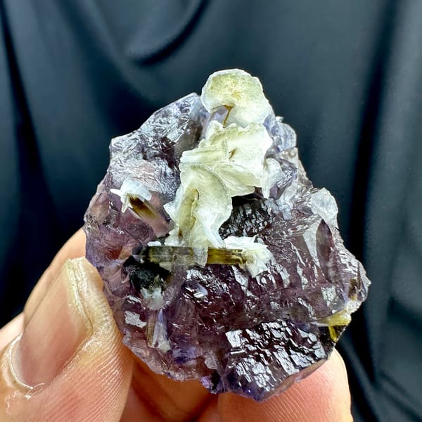Purple-blue phantom fluorite with white calcite rosettes from Inner Mongolia, China, reverse side