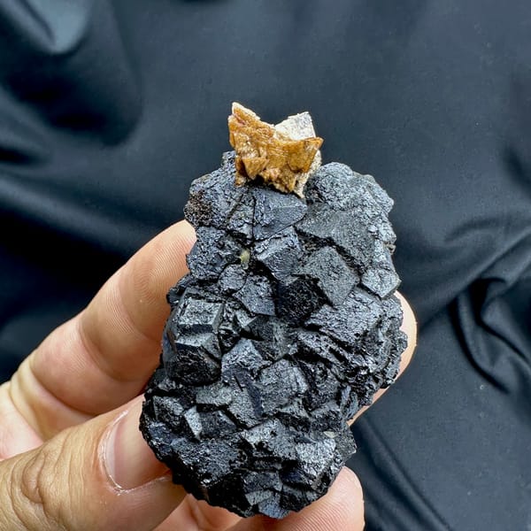 Black magnetite crystals with golden helvine tuft from Inner Mongolia, China, reverse side