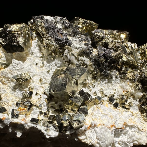 Plate of cubic pyrite with black marmatite and quartz from Shangbao Mine, Hunan, China, reverse side