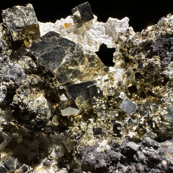 Plate of cubic pyrite with black marmatite and quartz from Shangbao Mine, Hunan, China, top view