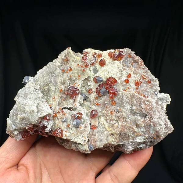 Red gem sphalerite crystals with galena on white quartz-calcite plate from Hunan, China, held in hand