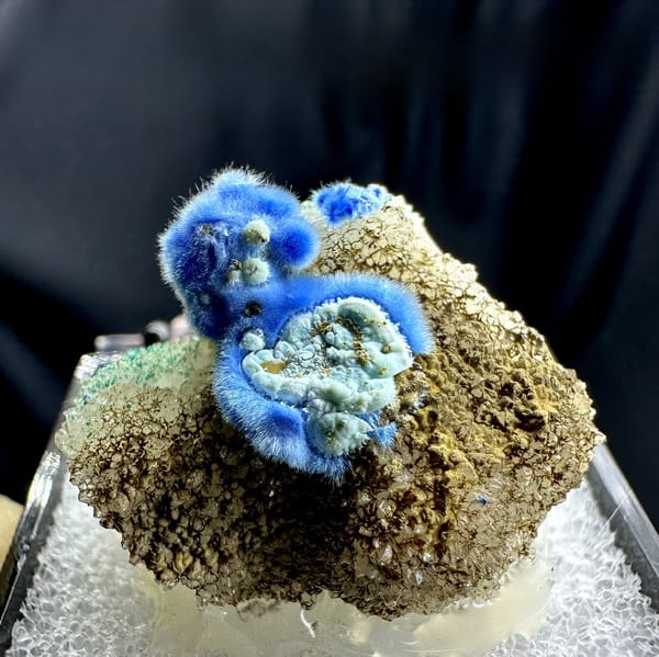 Vivid blue fuzzy cyanotrichite balls with gibbsite on brown matrix from Guizhou, China, detail of the matrix contact