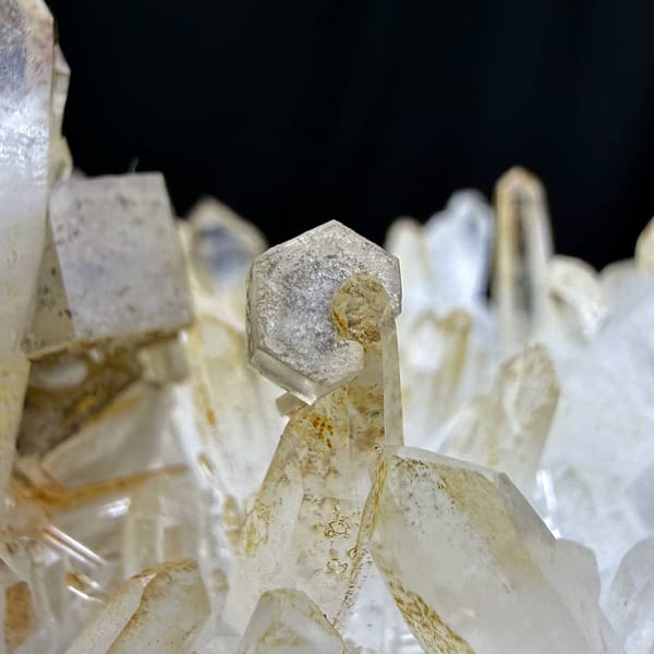 Hexagonal platy calcite on golden quartz cluster — alternate view