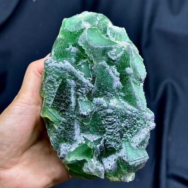 Slab of deep emerald-green stepped fluorite from Zhejiang, China, top view