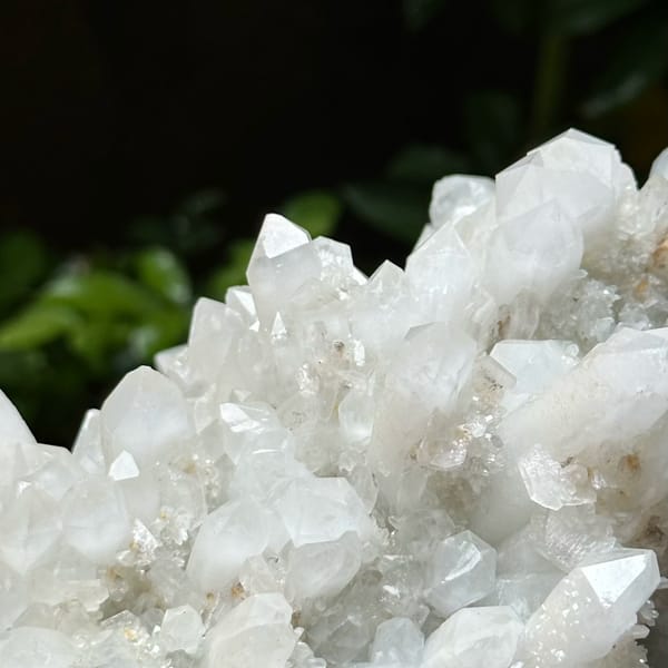 Large white quartz cluster with platy hexagonal calcite from Fujian, China, top view