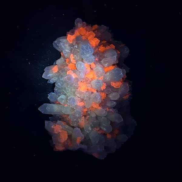 Large white quartz cluster with platy hexagonal calcite from Fujian, China, side view