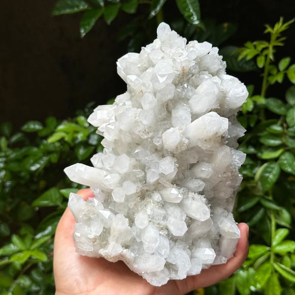 Large white quartz cluster with platy hexagonal calcite from Fujian, China, overall view