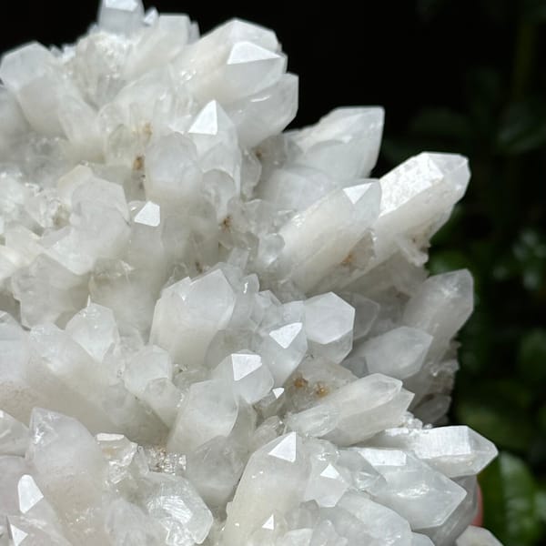 Large white quartz cluster with platy hexagonal calcite from Fujian, China, oblique view