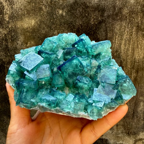Plate of glassy emerald-green daylight fluorite cubes from Madagascar, second angle