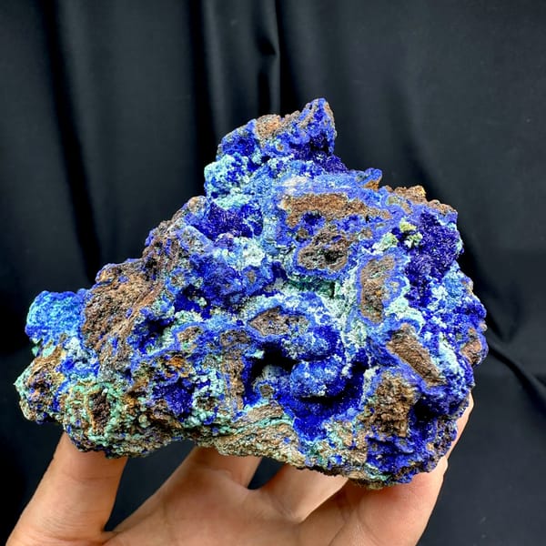 Deep blue azurite block laced with green malachite from DR Congo, close-up of the crystal faces